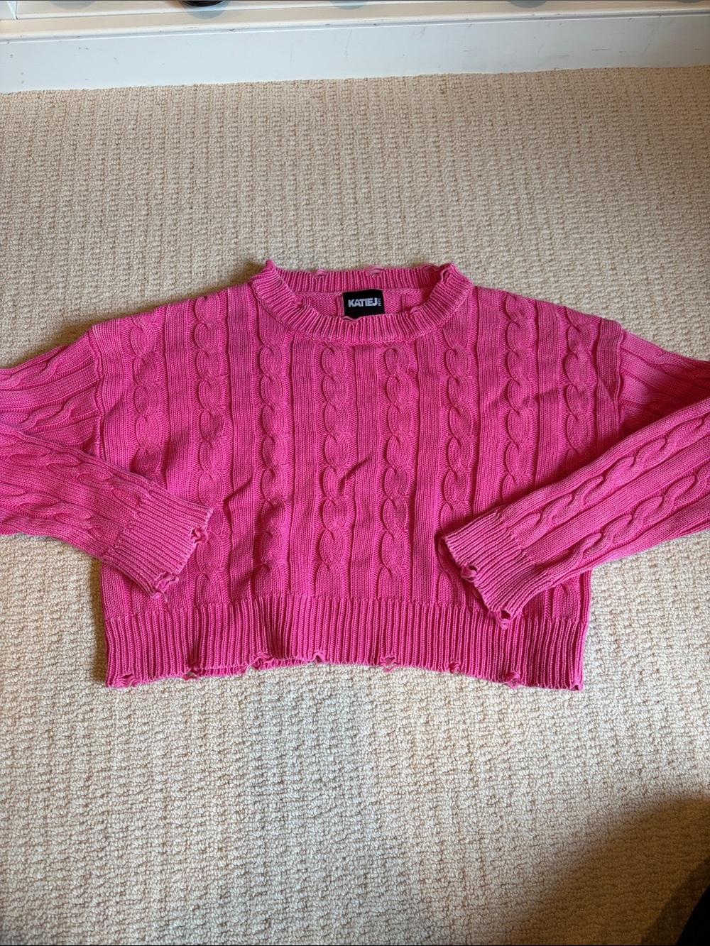 Katie J NYC Bright Pink Cable Knit Cropped Sweater